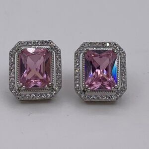 Topaz earrings, 925 sterling silver, pale pink, classic halo emerald cut.
